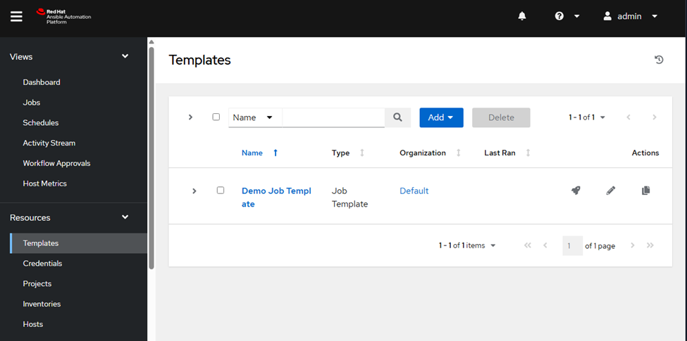 Ansible Automation Platform Templates View