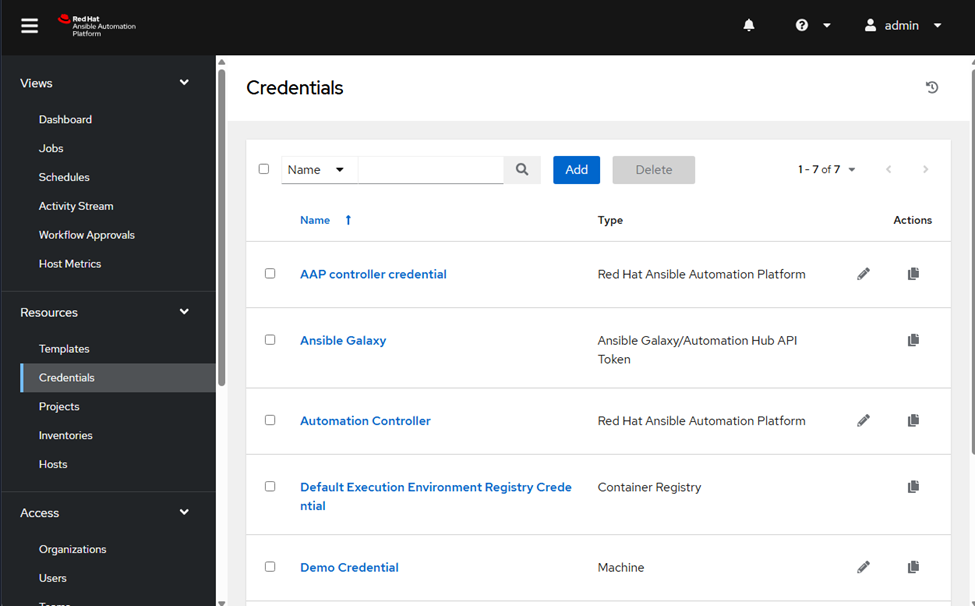Ansible Automation Platform Credentials View